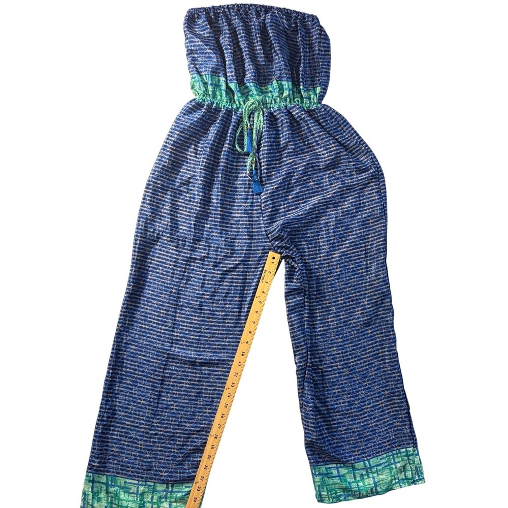 ETC Strapless Paisley Jumpsuit One Size Blue Aqua Wide Leg Tassel Waist - Picture 8 of 11